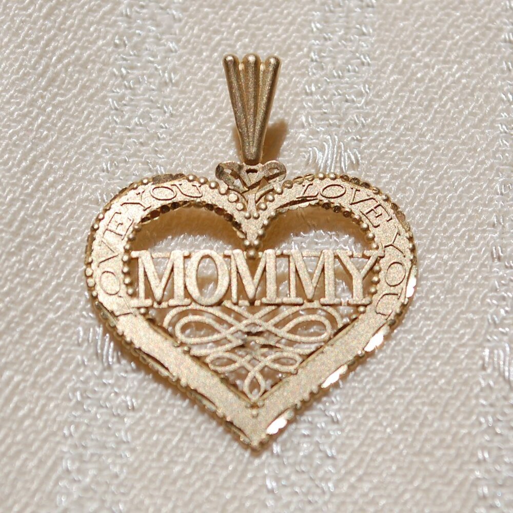 Genuine 14K Yellow Gold LOVE YOU MOMMY Heart Charm Pendant